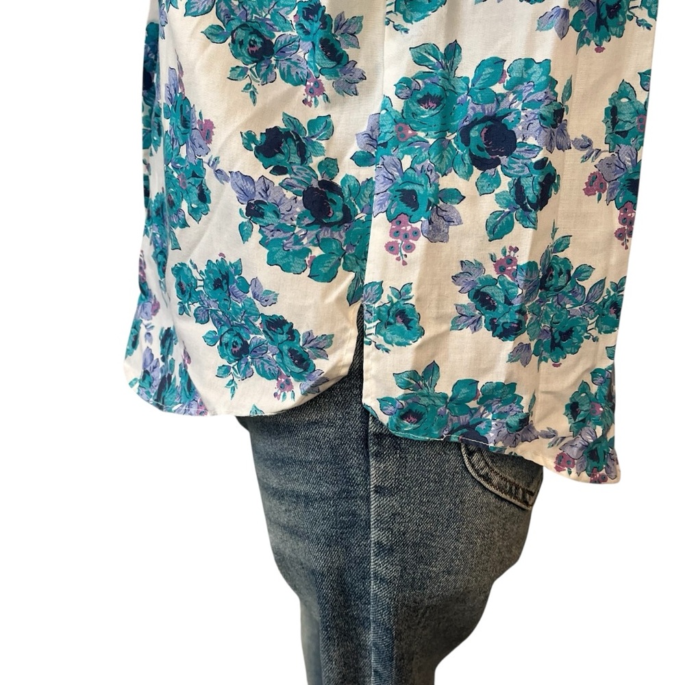 Vintage 90s floral print button down short sleeve shirt white blue M - Picture 14 of 16